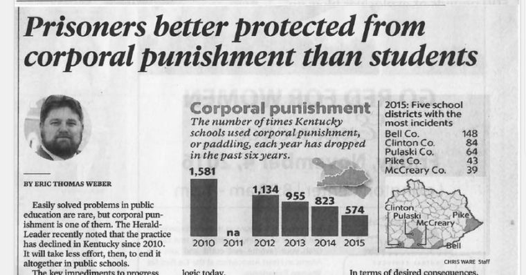 Photo of the header of my op-ed on corporal punishment. Clicking on the link in the image takes you to the full scan of the printed article, available on Academia.edu.