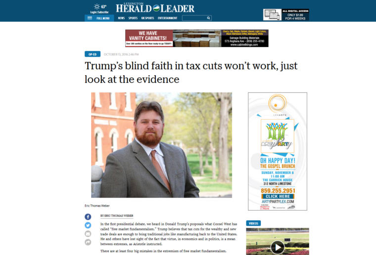 Thumbnail photo of my piece in the Herald Leader, titled, 'Trump's Blind Faith in Tax Cuts Won't Work, Just Look at the Evidence.' The link leads to the article on the Herald Leader's site.