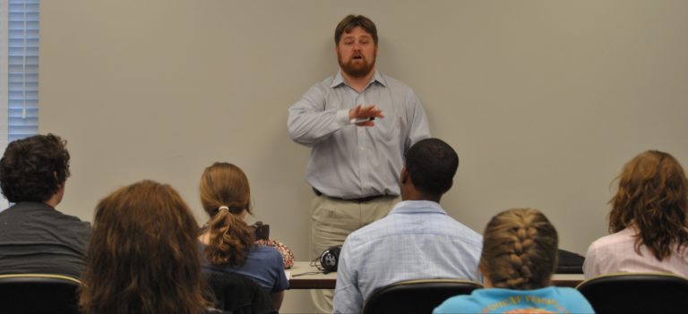 Weber talking with the LuckyDay residential scholars at the University of Mississippi.