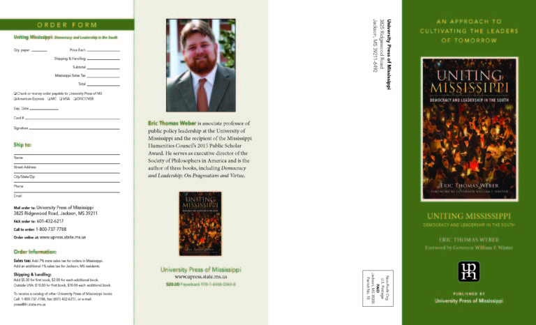 The first side of the 2-page, 4 panel brochure for Uniting Mississippi.