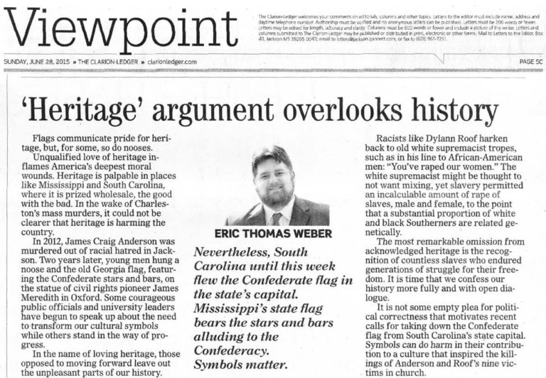 Photo of the cutout of my article in the Clarion Ledger, "Sometimes Heritage Does Harm," which in the printed version was titled "'Heritage' Argument Overlooks History."