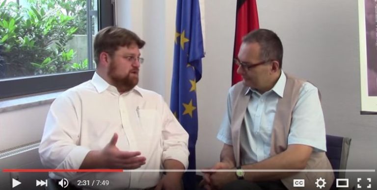 Photo of Weber's video interview with Chris Skowronski in Berlin, Germany, on practical philosophy.
