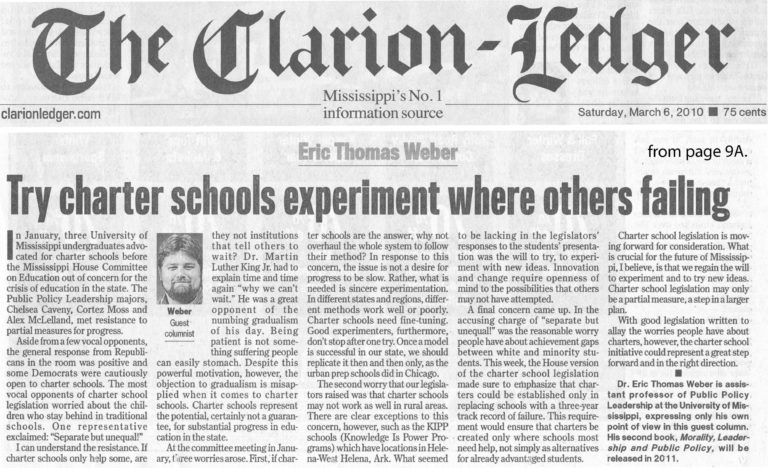 Image scan - not character recognition - of my op-ed piece, "Try Charter Schools Experiment Where Others Failing."
