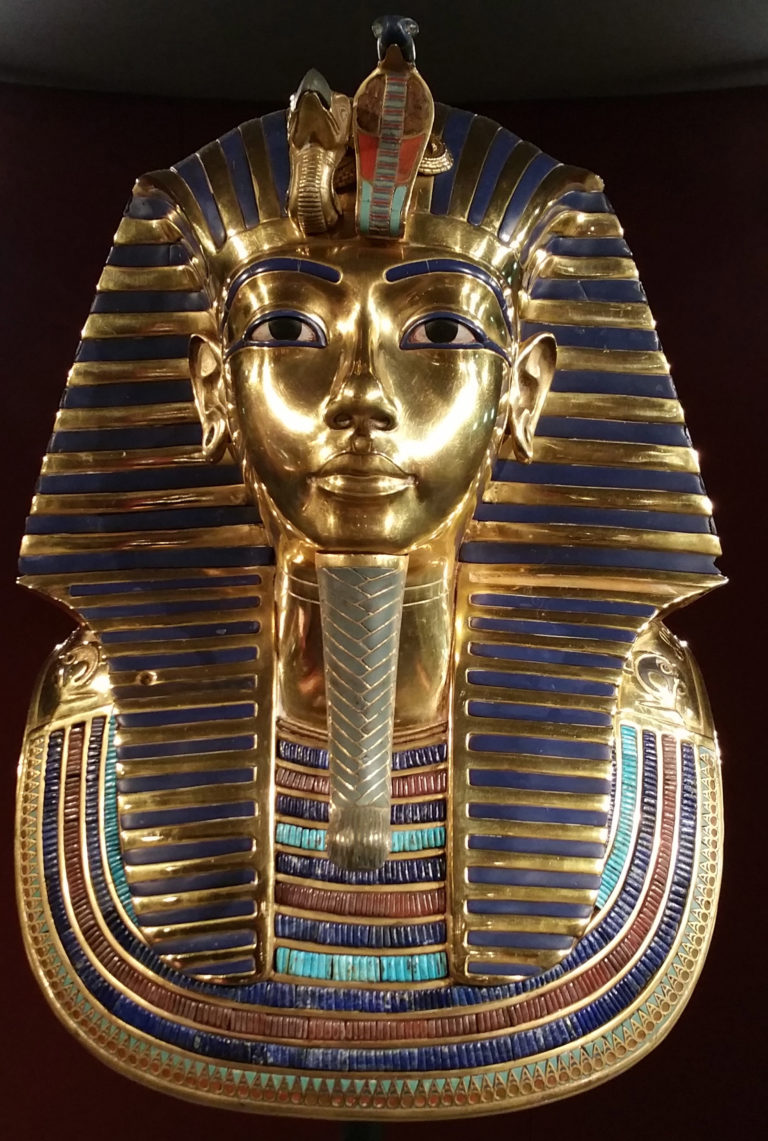A reproduction of King Tut's death mask, on temporary exhibit at the Olympic hall museum in Munich, Germany, in August of 2015.