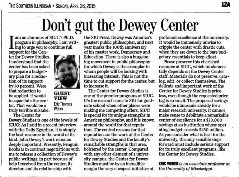 Scan of my op-ed in The Southern Illinoisan, titled "Don't Gut the Dewey Center."