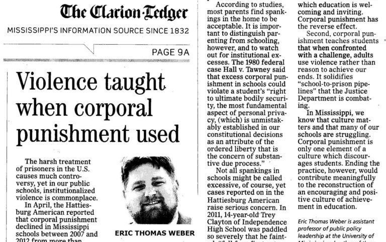 Image featuring part of the scan of my 2013 Clarion Ledger article, "Violence Taught When Corporal Punishment Used."