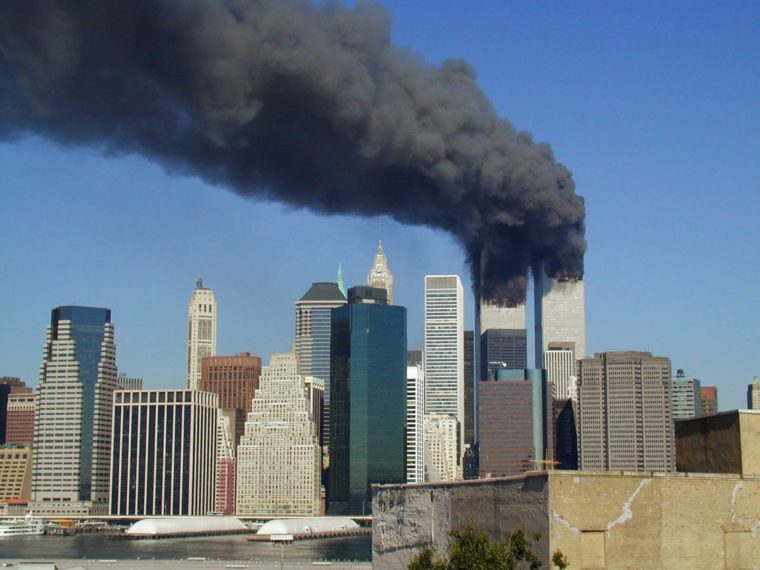 Image of the Twin Towers burning on September 11, 2001. Photo by Michael Foran, creative commons license, as found on Flickr and Wikipedia.