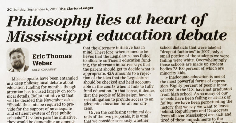 Photo of the top of the scan for my Clarion Ledger article, "Philosophy Lies at Heart of Mississippi Education Debate."