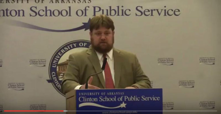 Photo of a still from the video of my book talk at the Clinton School at the University of Little Rock.
