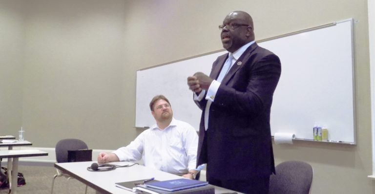 Judge Carlton Reeves at a public forum on "Race and Moral Leadership in the U.S. Judicial System."
