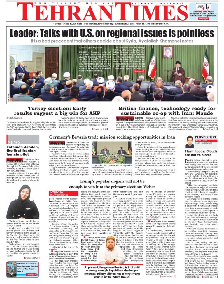 Front page of the Tehran Times, November 1, 2015.