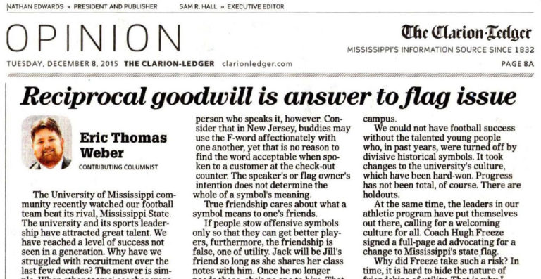 This is a photo of the printed version of my article, "Reciprocal Goodwill Is Answer to Flag Issue."
