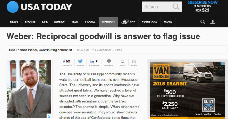 Photo of my piece, "Reciprocal Goodwill Is Answer to Flag Issue," on The USA Today Web site.