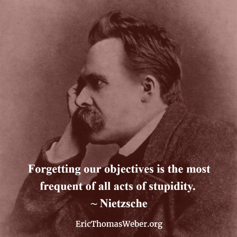 Nietzsche photo with a quote, which reads: "Forgetting our objectives is the most frequent of all acts of stupidity." It also shows the Web address for my Web site, EricThomasWeber.org