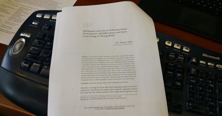 A photo of my latest academic paper, on "Self-Respect and a Sense of Positive Power."