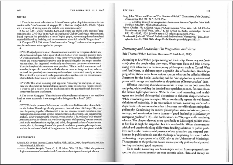 Image of the first page of Tadd Ruetenik's review of 'Democracy and Leadership.'