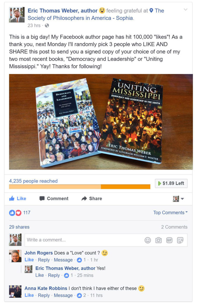 Image of a post from my Facebook page about a signed-copy giveaway for my latest books.