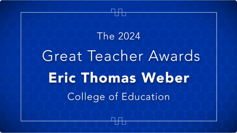 Splash screen for the video on the 2024 Great Teacher Award for Eric Thomas Weber, presented by the UK Alumni Association