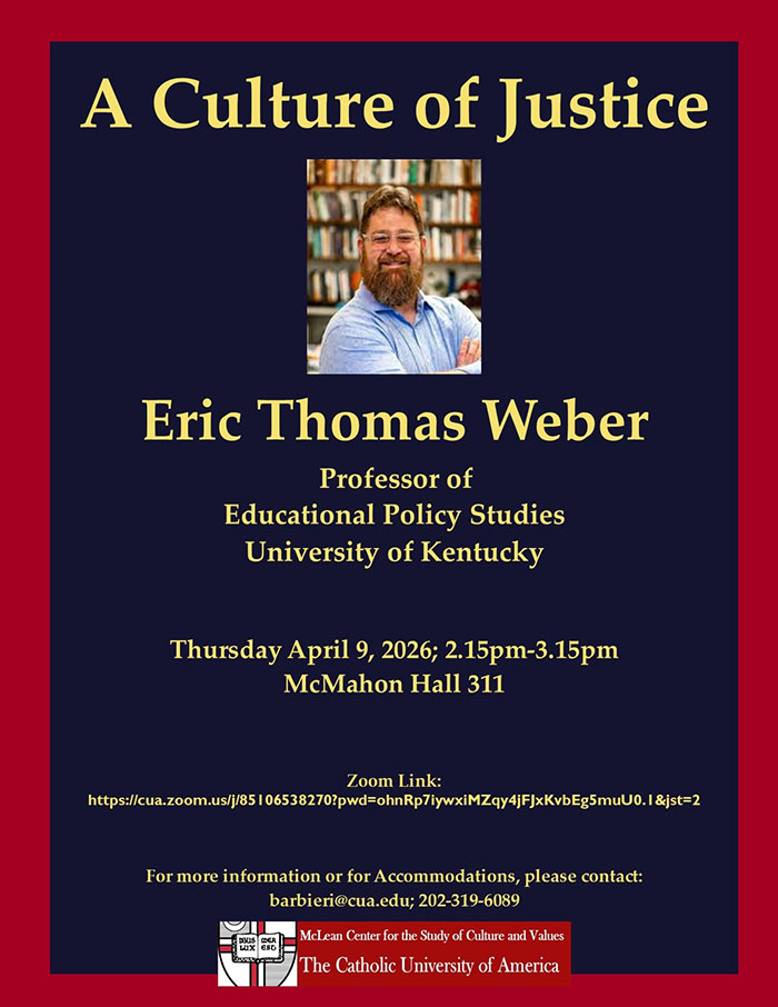 Image of the flyer for my talk at Catholic University of America.
