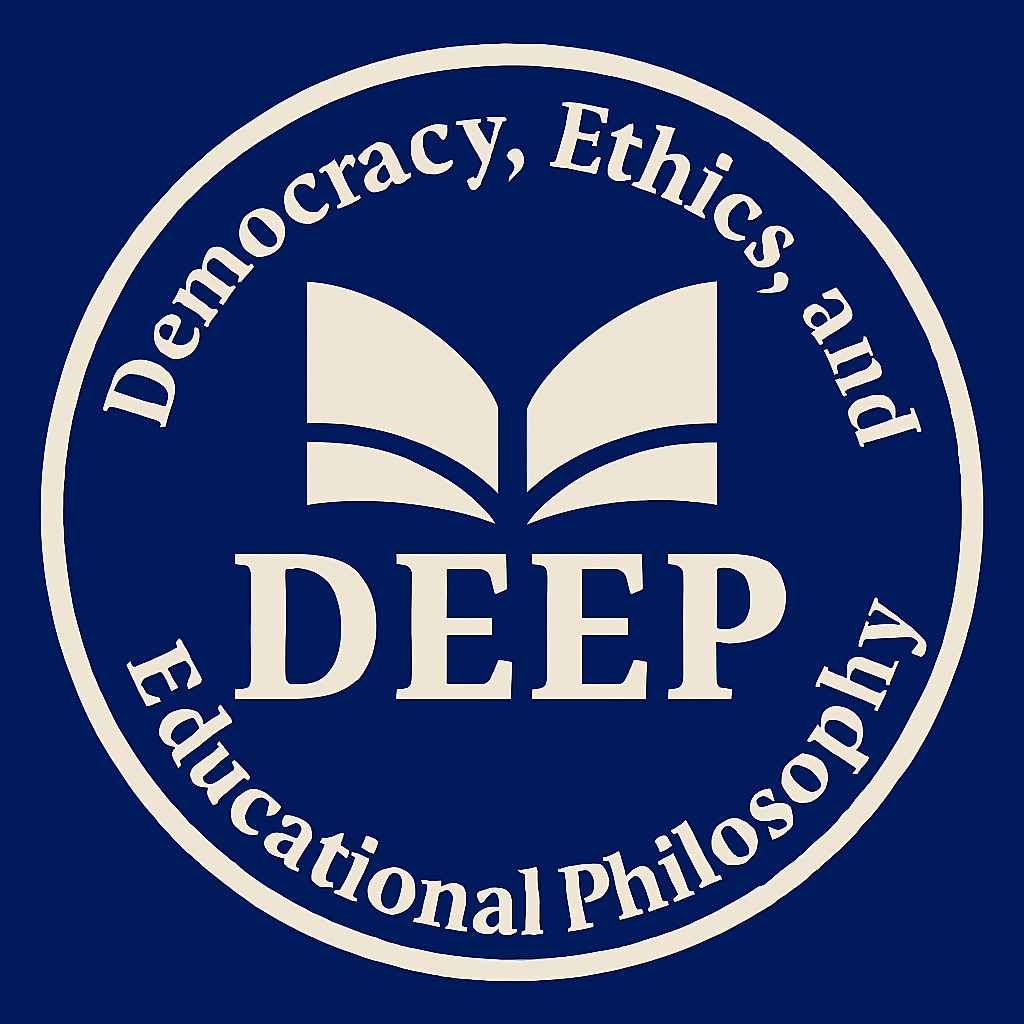 This is the logo for the Democracy, Ethics, and Educational Philosophy (DEEP) lab and research group. It features an image of an open book over the acronym DEEP, with the words of the acronym written around the whole as a circle. 