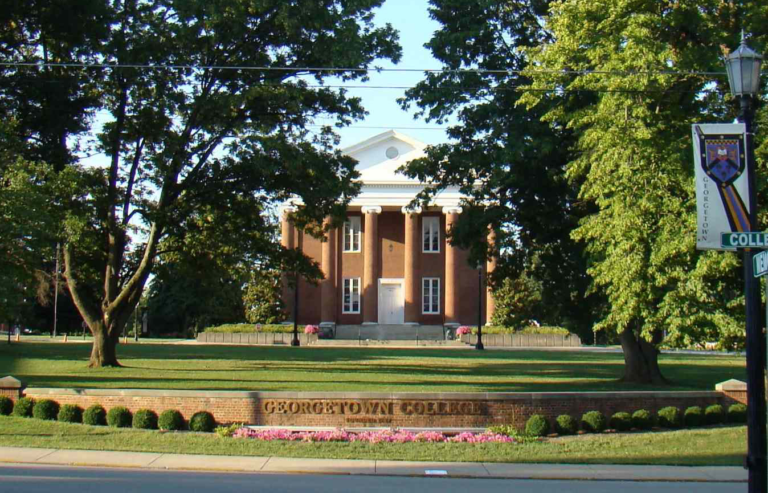 Georgetown College sign in front of building.