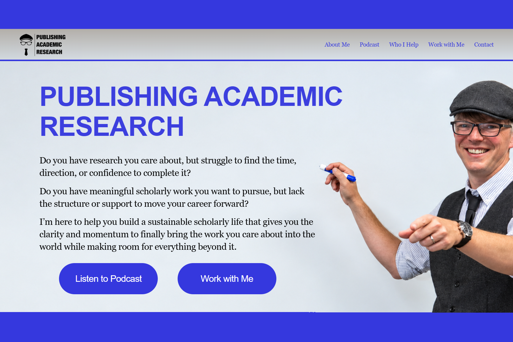 A screenshot of the Web site for Dr. Kyle Rudick's page, called "Publishing Academic Research," with a picture of the podcast host himself.