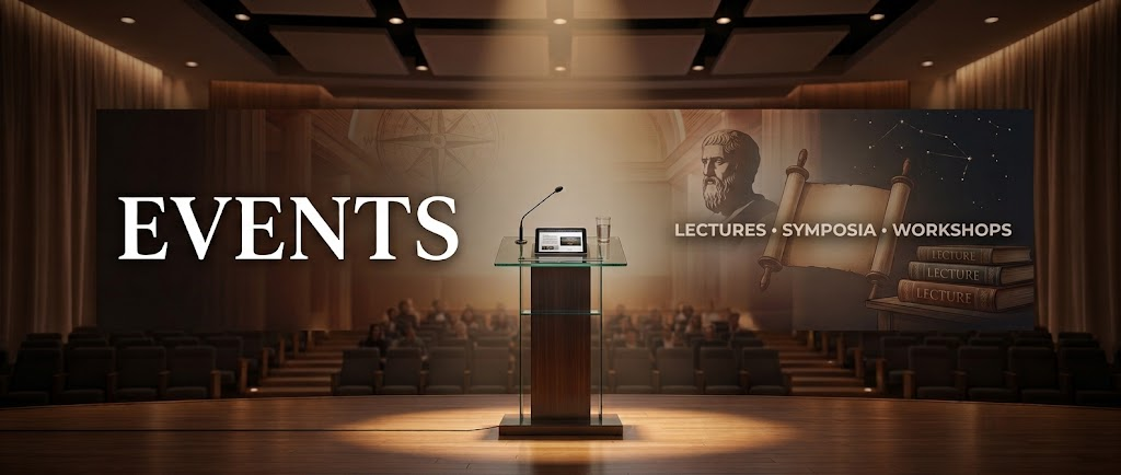 This is an AI generated image of a presentation hall, looking out at the audience from the stage, with a podium in the middle and the word "Events" in large on the left, with the smaller words on right: "Lectures, Symposiums, and Workshops"